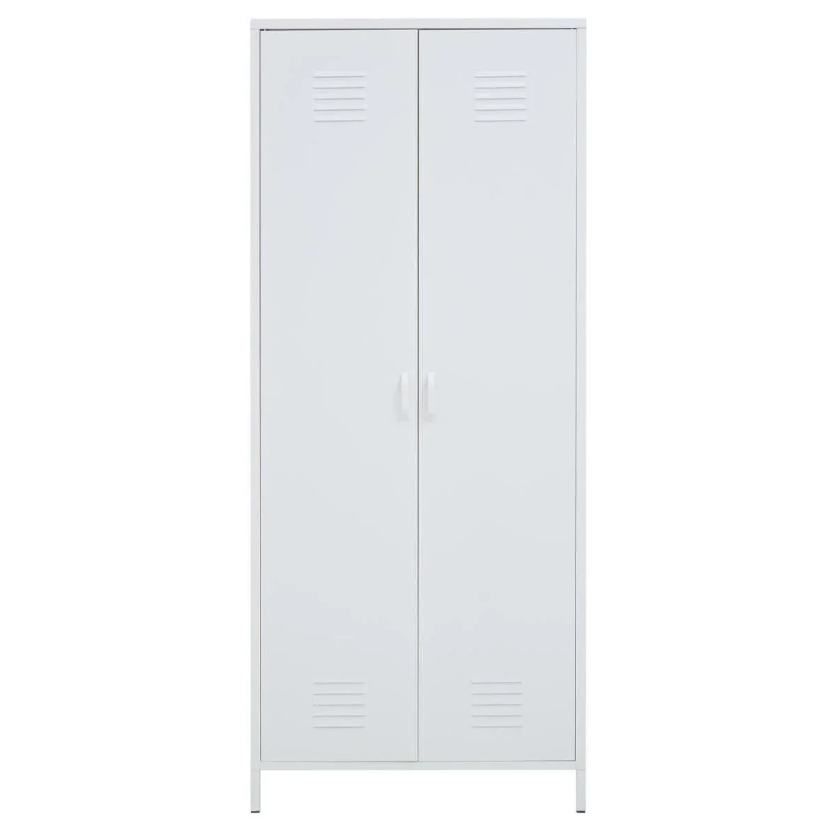 White metal storage cabinet with two doors and ventilation panels, front view