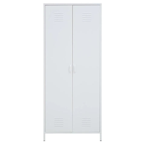 White metal storage cabinet with two doors and ventilation panels, front view