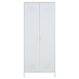 White metal storage cabinet with two doors and ventilation panels, front view