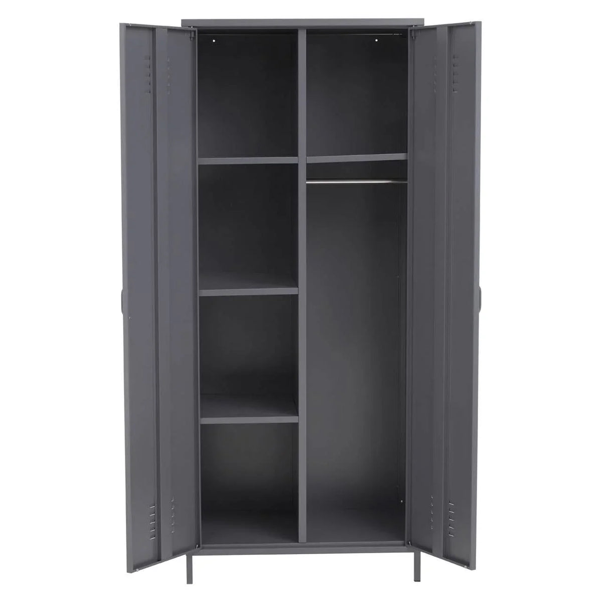 Grey metal wardrobe with two open doors, multiple shelves and hanging rail visible