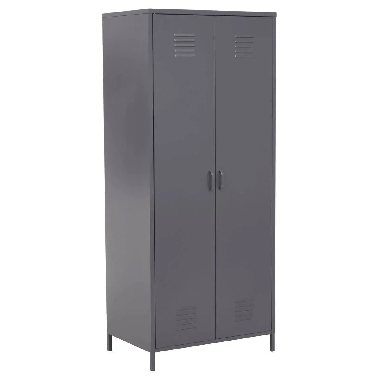 Grey metal storage cupboard with double doors and ventilation slots, front angled view