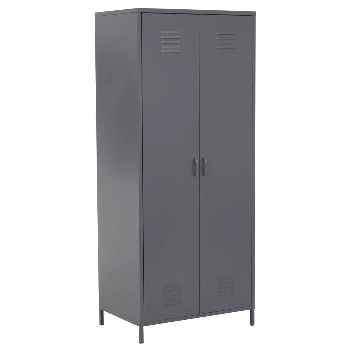 Grey metal storage cupboard with double doors and ventilation slots, front angled view
