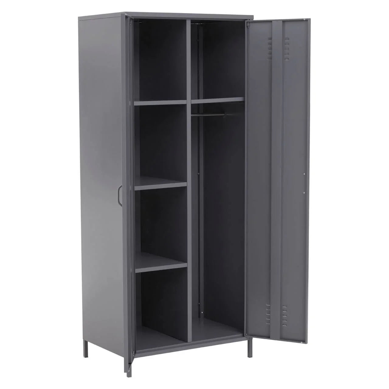 Grey metal storage cupboard with shelves and hanging rail, doors open, front view