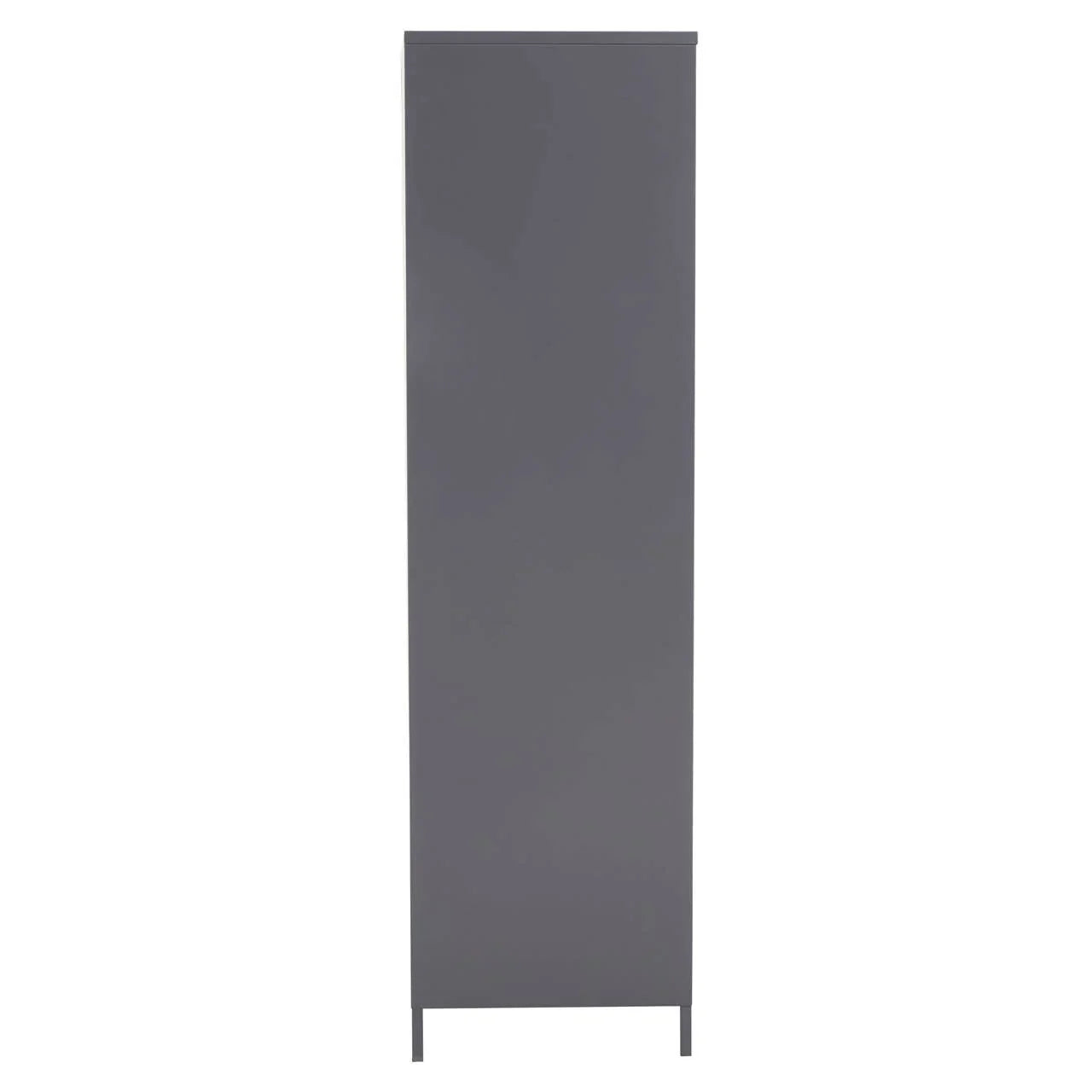 Tall grey wardrobe cabinet with flat door and metal legs, viewed from the side