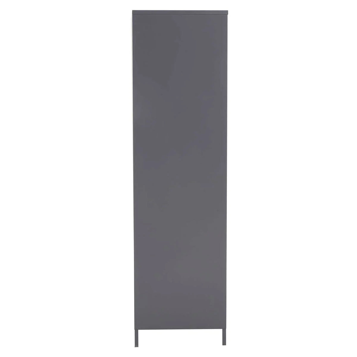 Tall grey wardrobe cabinet with flat door and metal legs, viewed from the side