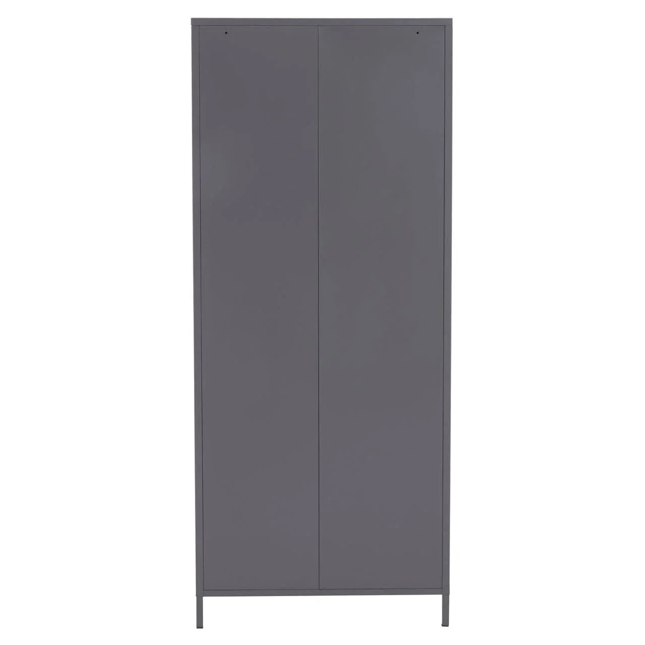 Tall grey wardrobe with two smooth front doors and slim metal legs
