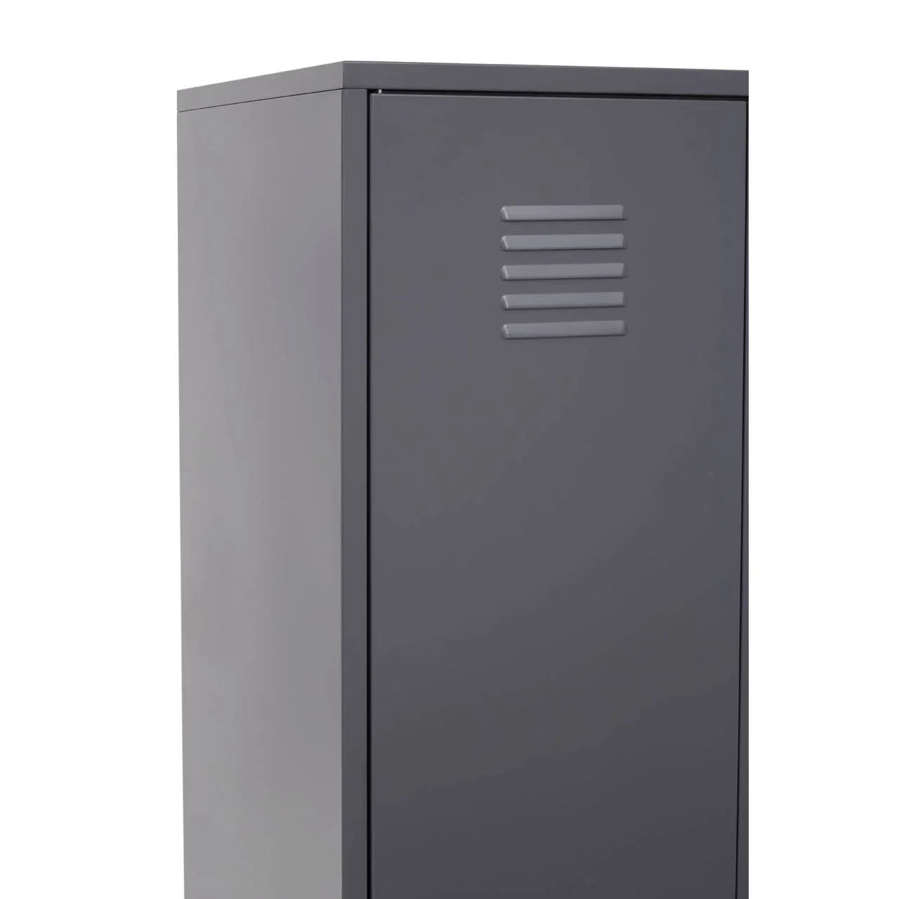 Grey metal storage locker with ventilation slats, angled front corner view