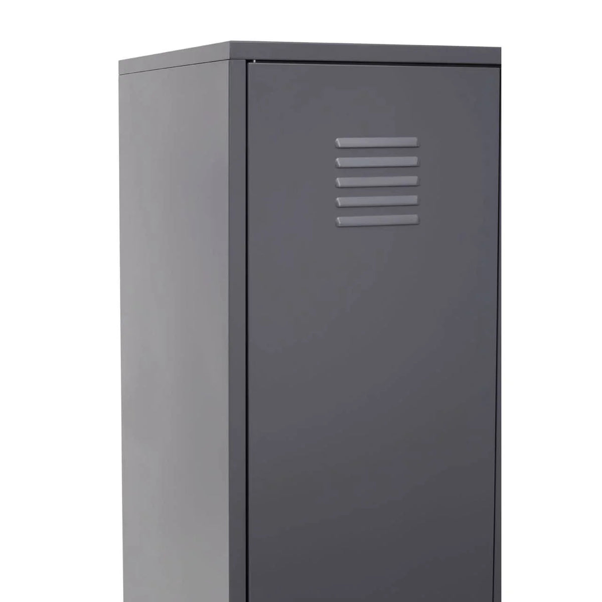 Grey metal storage locker with ventilation slats, angled front corner view