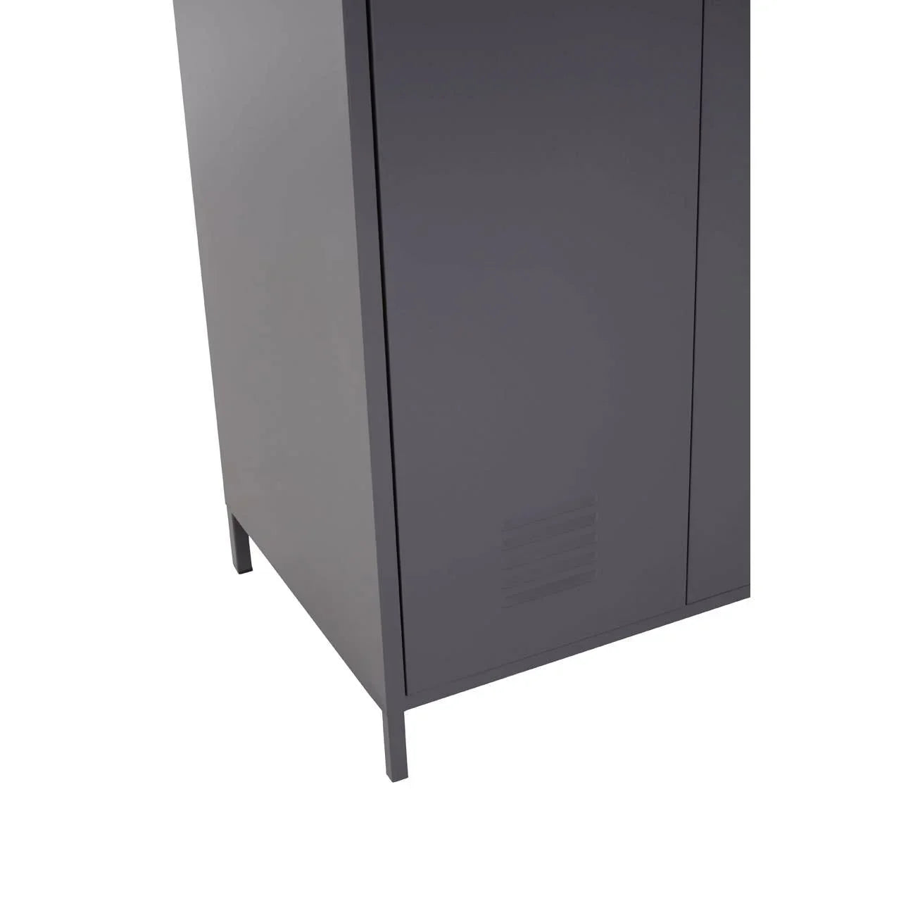 Close view of dark grey metal cabinet leg and lower door with vent detail