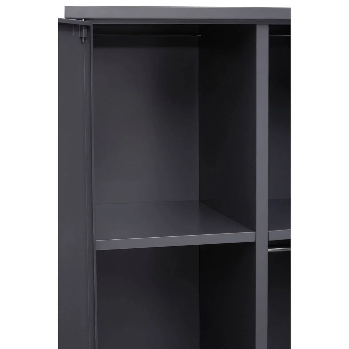 Dark grey wardrobe unit with hanging rail and shelf interior, open side view