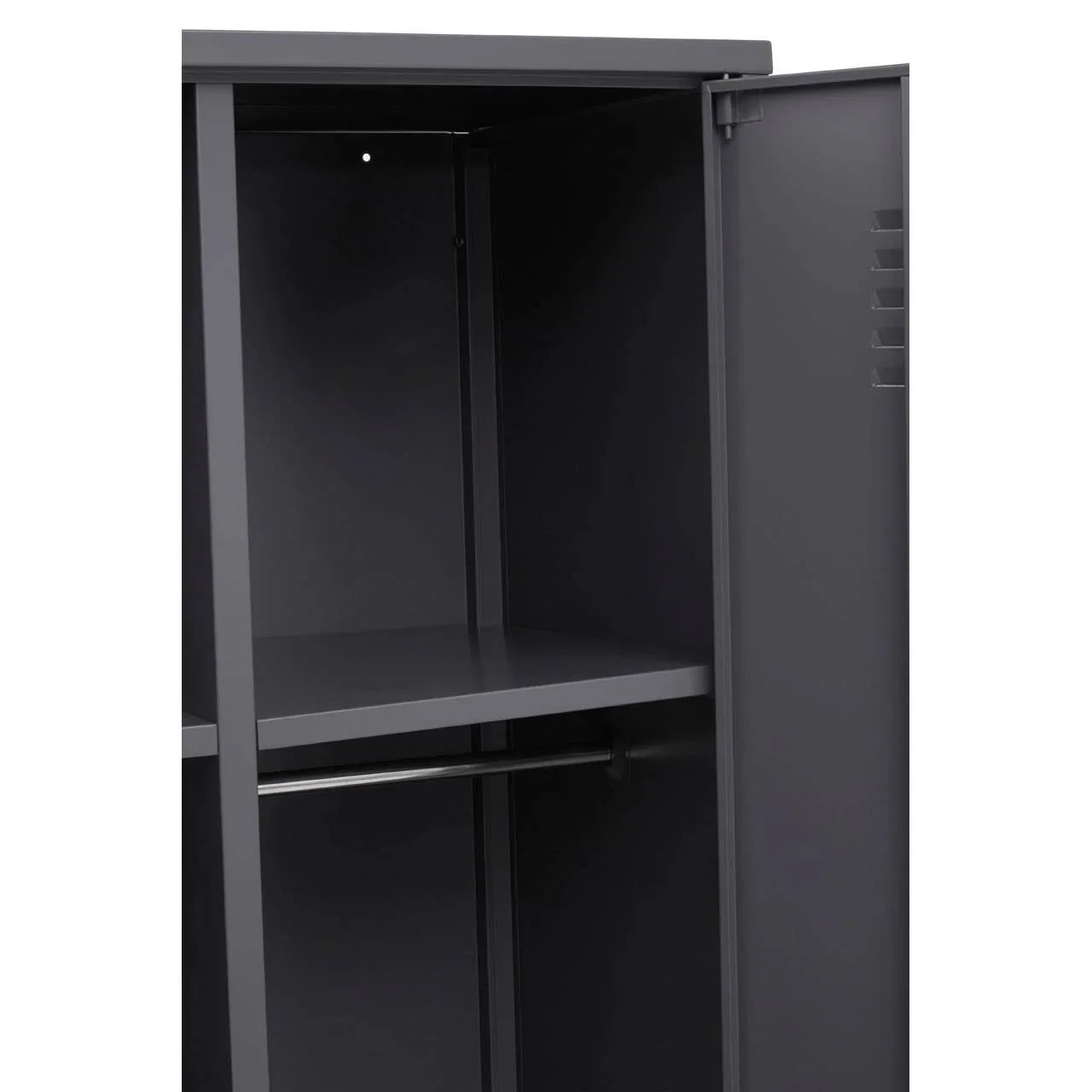Open dark grey metal wardrobe with shelf and hanging rail inside