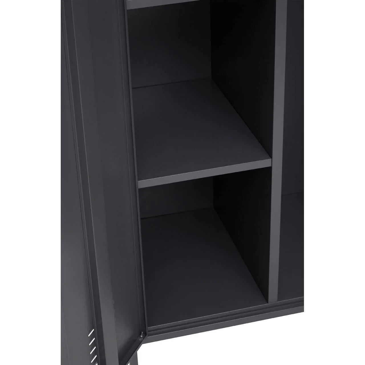 Closeup of black metal storage cabinet shelves with open door