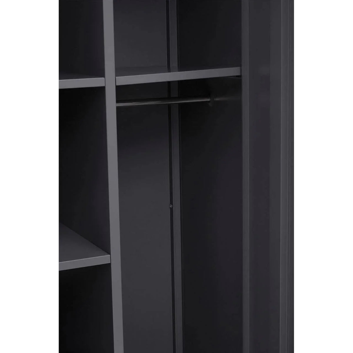 Close view of black wardrobe interior with hanging rail and shelving compartments