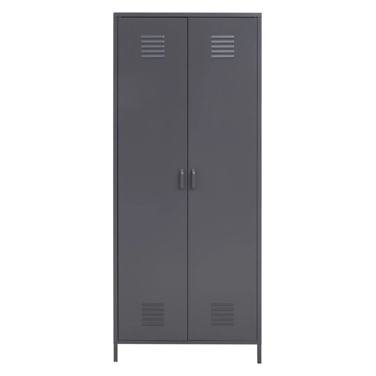 Tall grey metal storage cabinet with double doors and vented panels, front view
