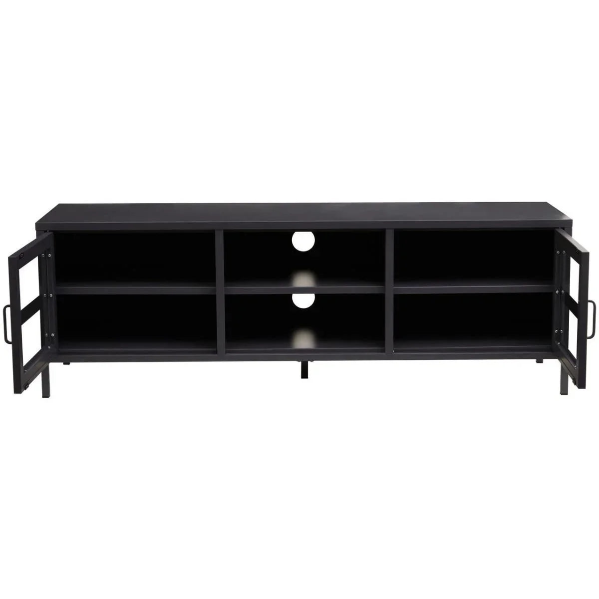 Black metal TV unit with open glass doors and six shelves, cable holes at the back
