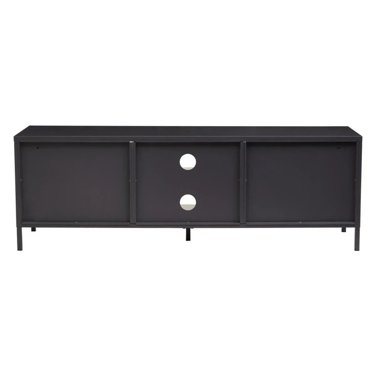 Black metal TV unit with sliding back panels and cable management holes