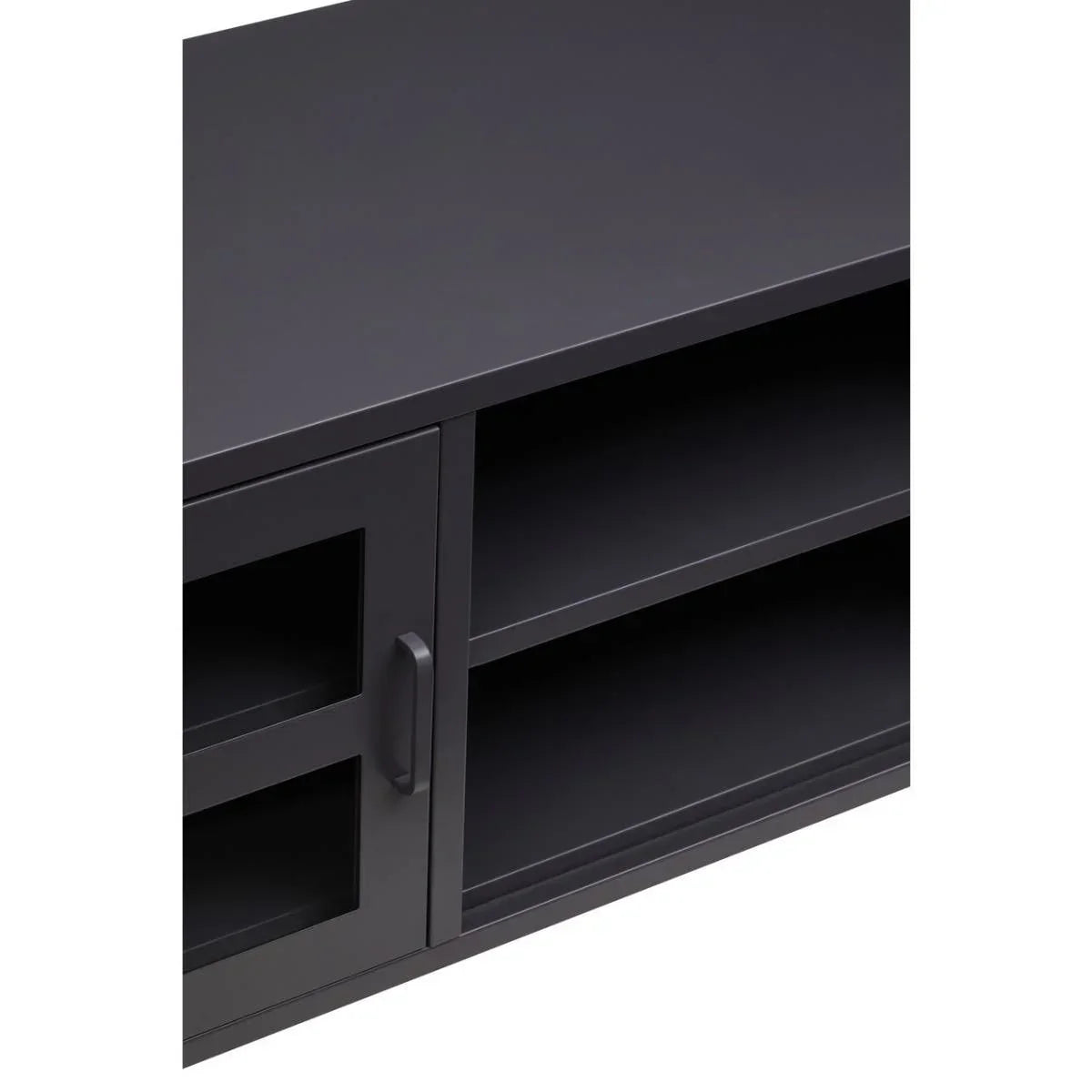 Black TV unit with glass door, metal handle and open shelving, close-up view