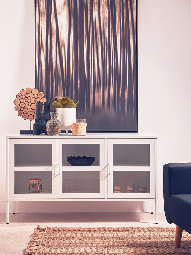 White Metal Sideboard with Glass Doors - Stylish Storage Solution