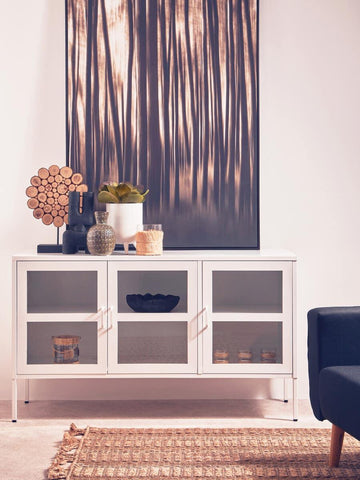 White Metal Sideboard with Glass Doors - Stylish Storage Solution