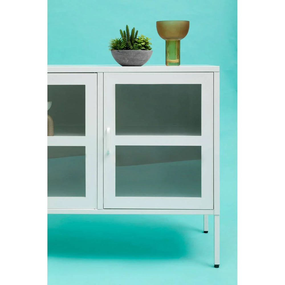 White Metal Sideboard with Glass Doors - Stylish Storage Solution