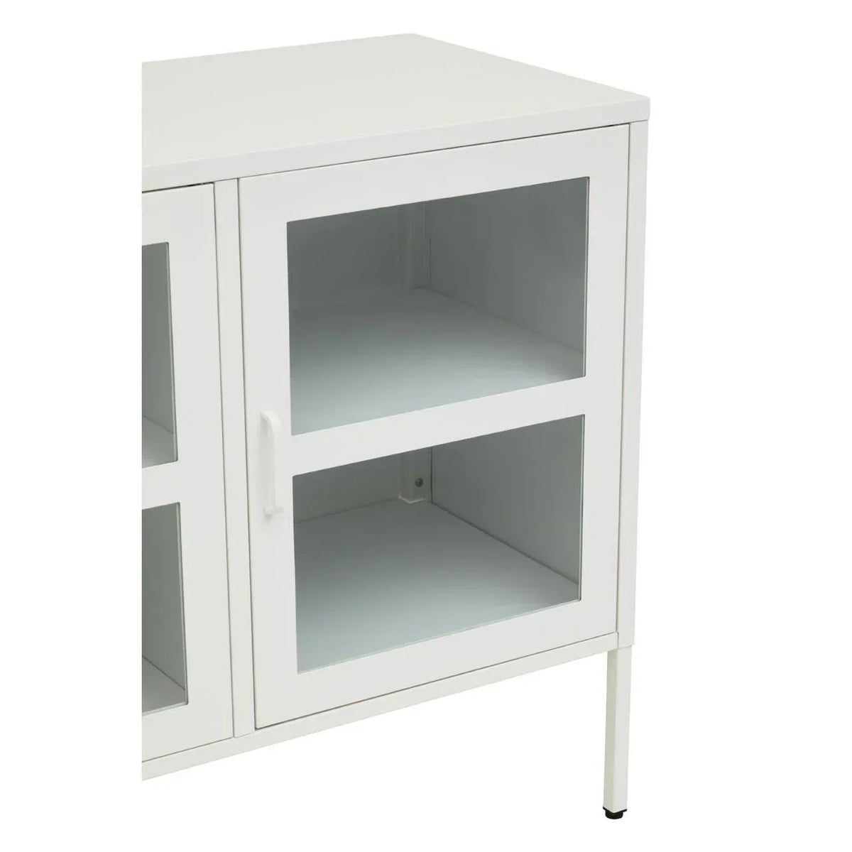 White metal storage cabinet with glass doors and shelves, shown from an angled front view