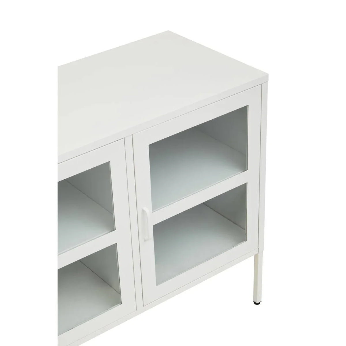 White storage cabinet with glass doors and shelves, corner angle view