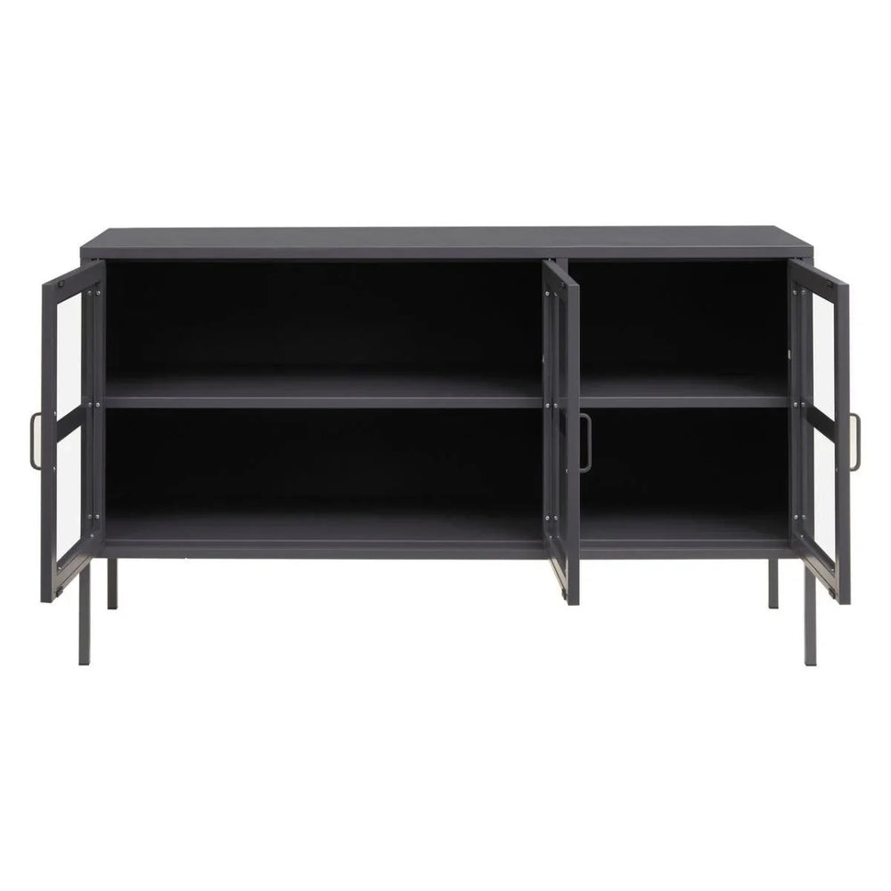 Grey Metal Sideboard with Glass Doors and Adjustable Shelves