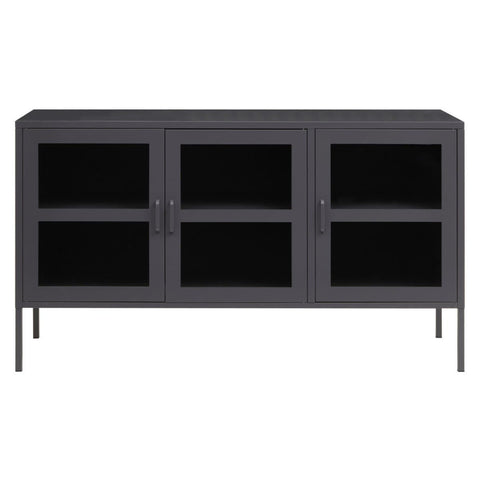 Grey Metal Sideboard with Glass Doors and Adjustable Shelves