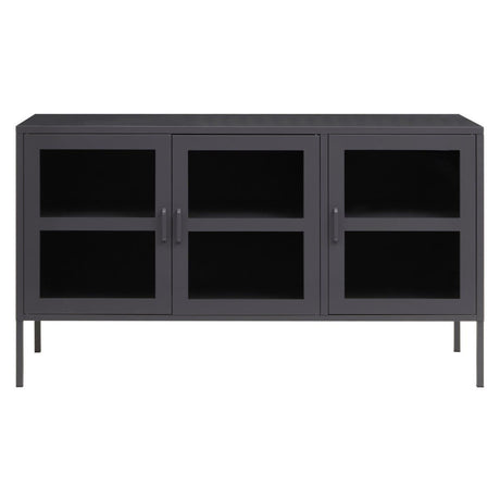Grey Metal Sideboard with Glass Doors and Adjustable Shelves