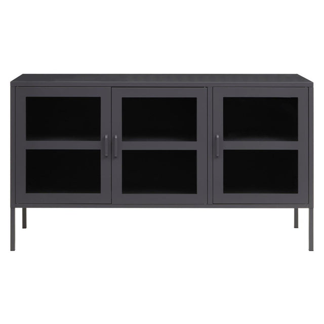 Grey Metal Sideboard with Glass Doors and Adjustable Shelves