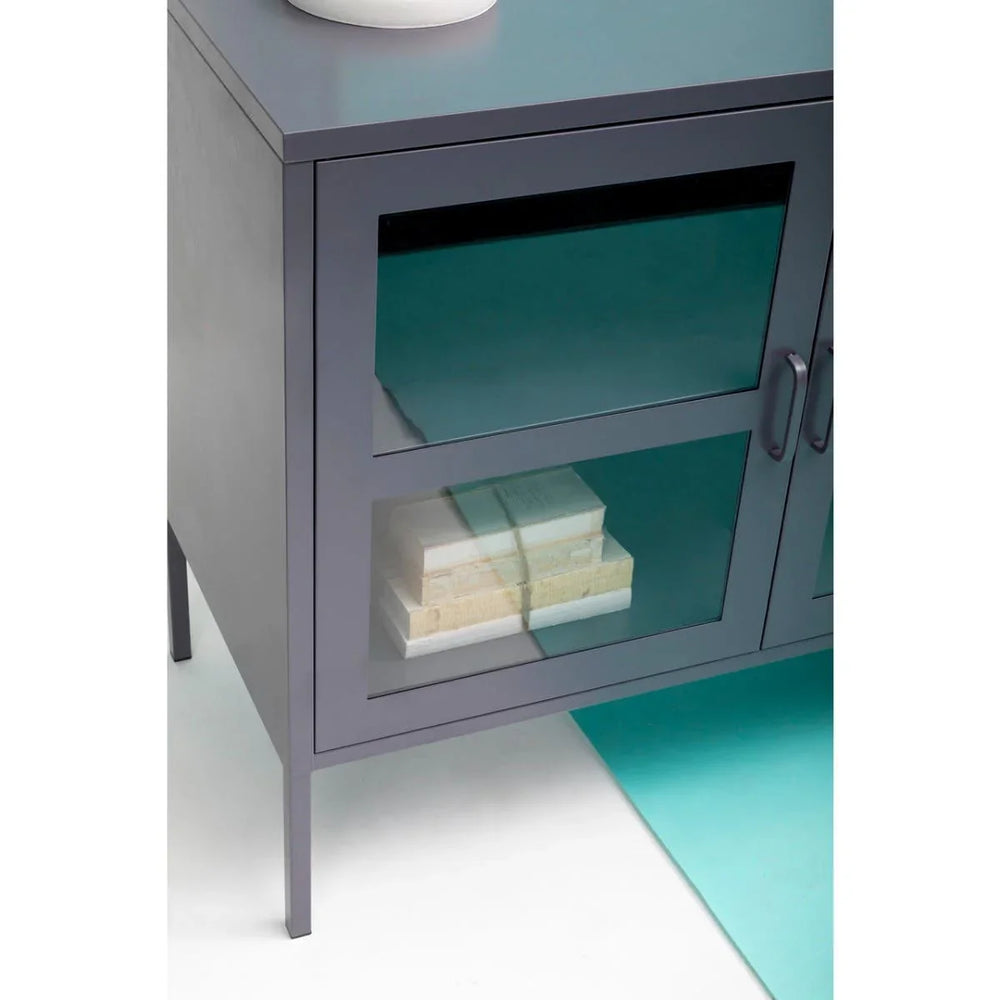 Grey Metal Sideboard with Glass Doors and Adjustable Shelves