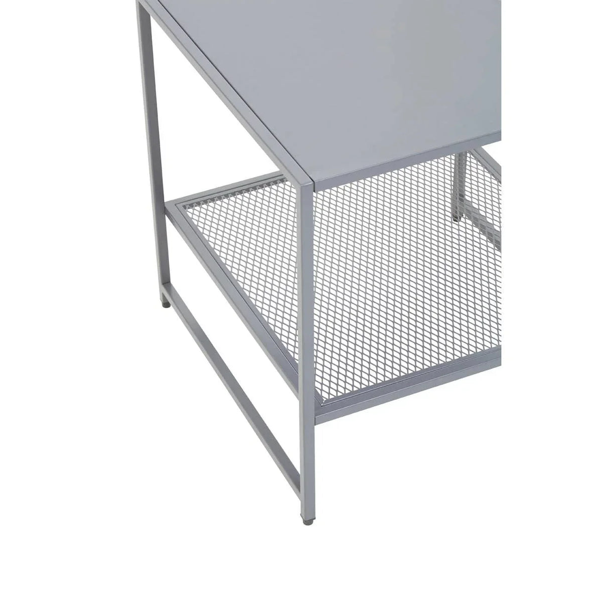 Metal desk corner with grey tabletop and wire mesh lower shelf