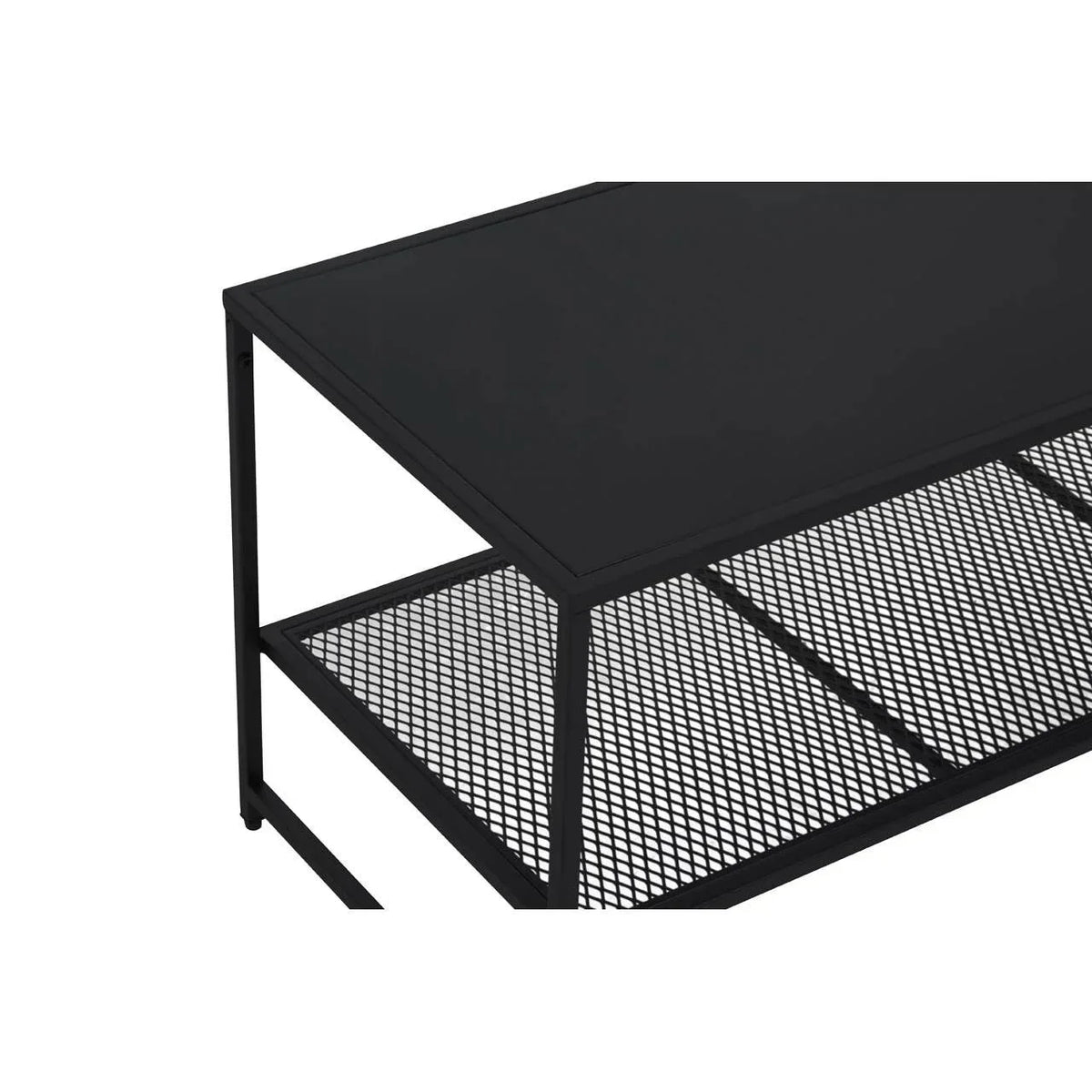 Black metal coffee table with mesh shelf and solid top, corner angle view