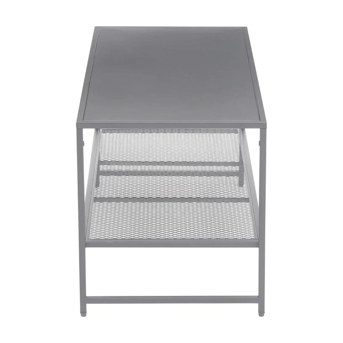 Grey metal coffee table with mesh storage shelf, front view