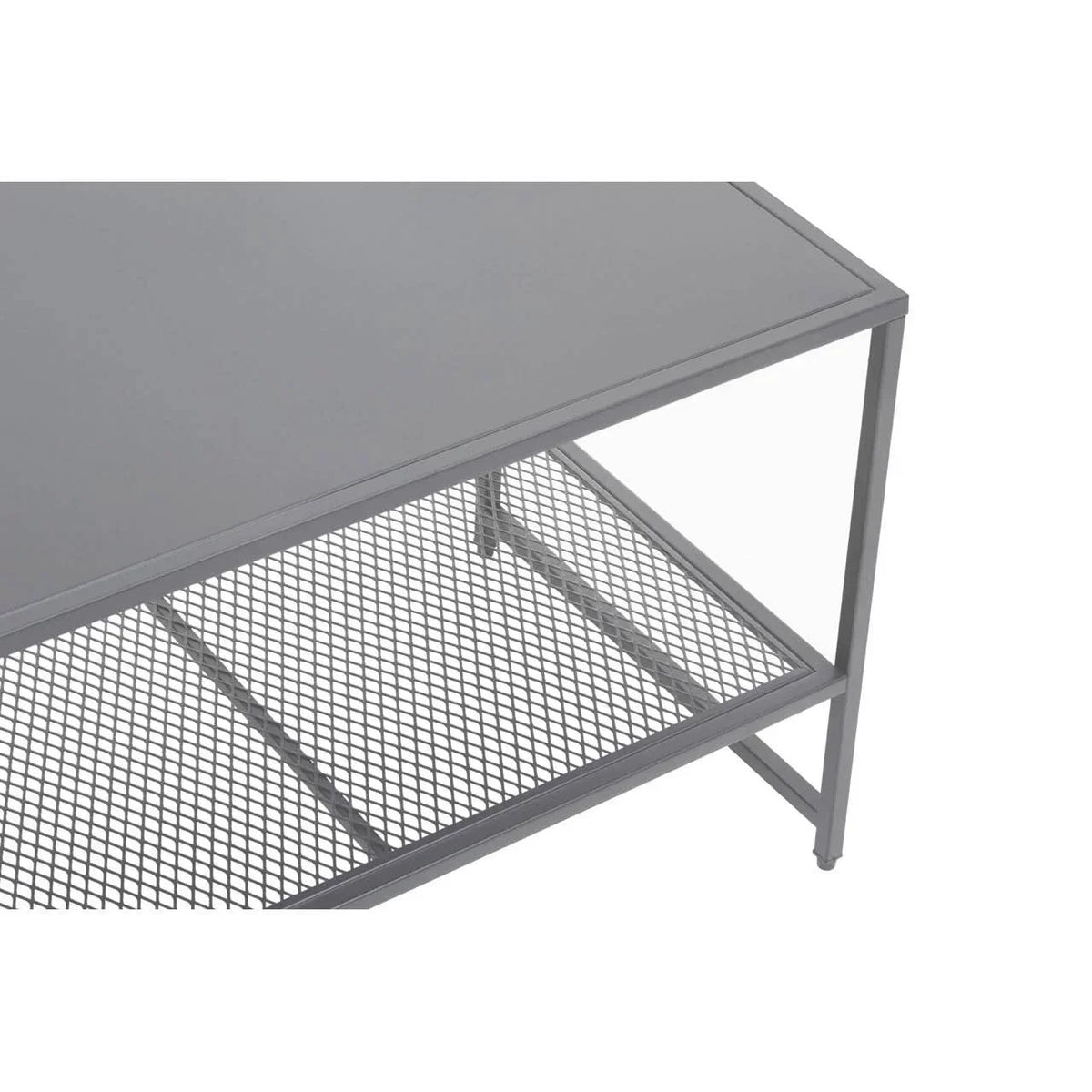 Grey metal coffee table with mesh storage shelf and rectangular top