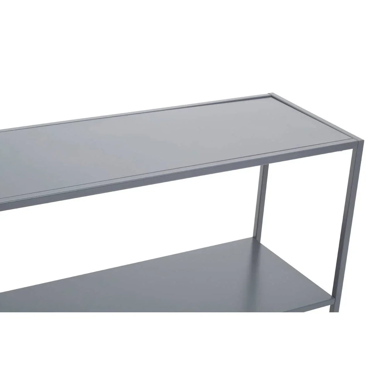 Grey metal console table with two-tier shelving and minimalist frame