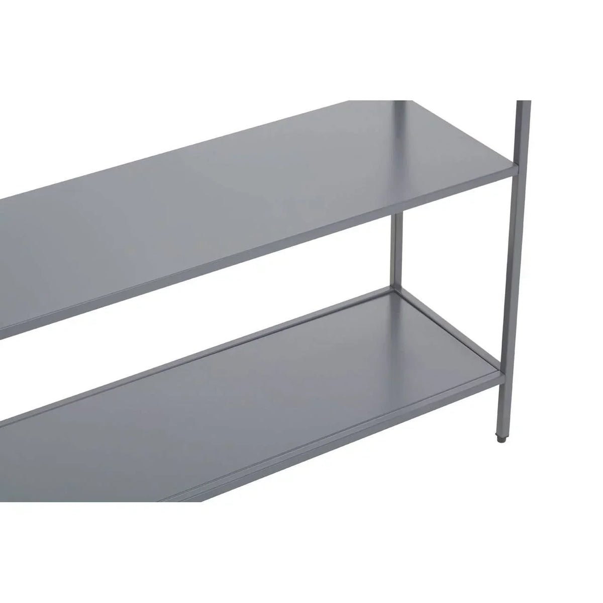 Closeup of grey metal shelving unit with two shelves and minimal frame