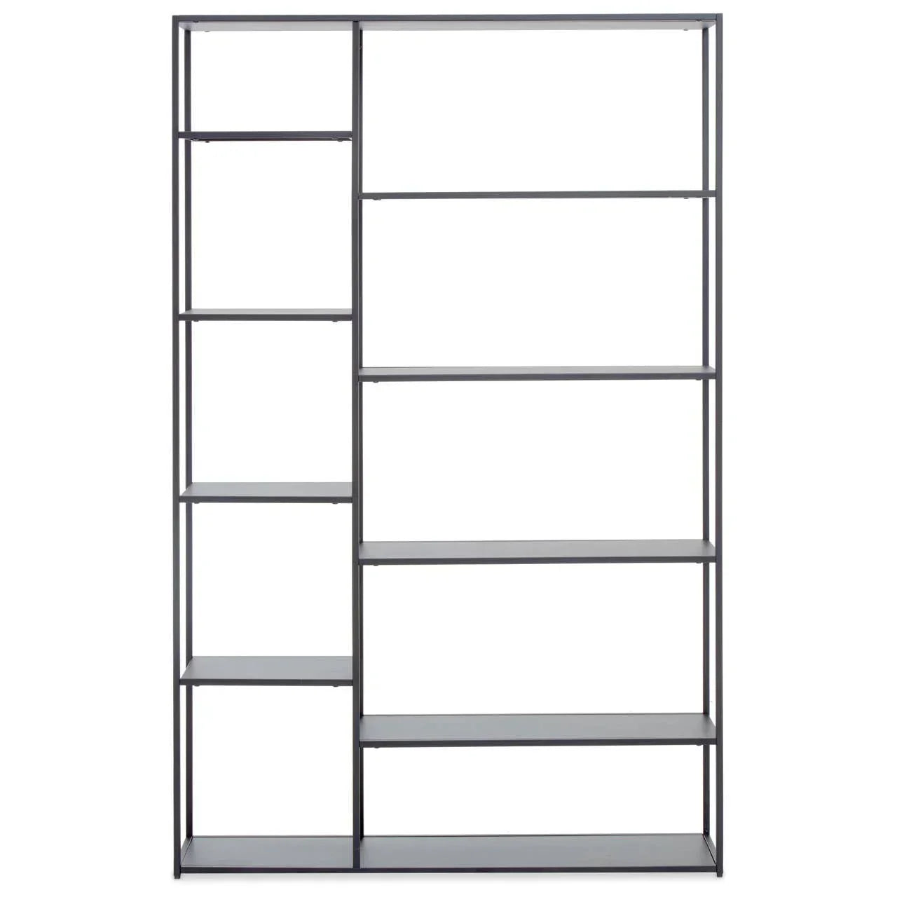 Modern black metal bookshelf with open frame and multiple rectangular shelves