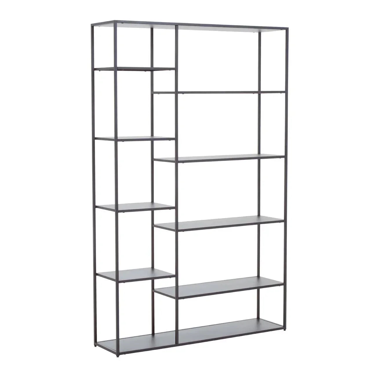 Black metal bookcase with open frame and multiple shelves, shown from an angle