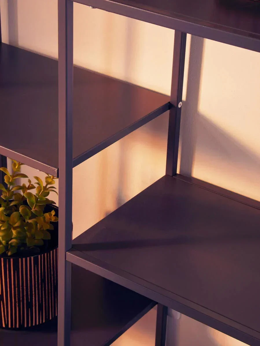 Black metal shelving unit with minimalist shelves and potted plant on lower shelf