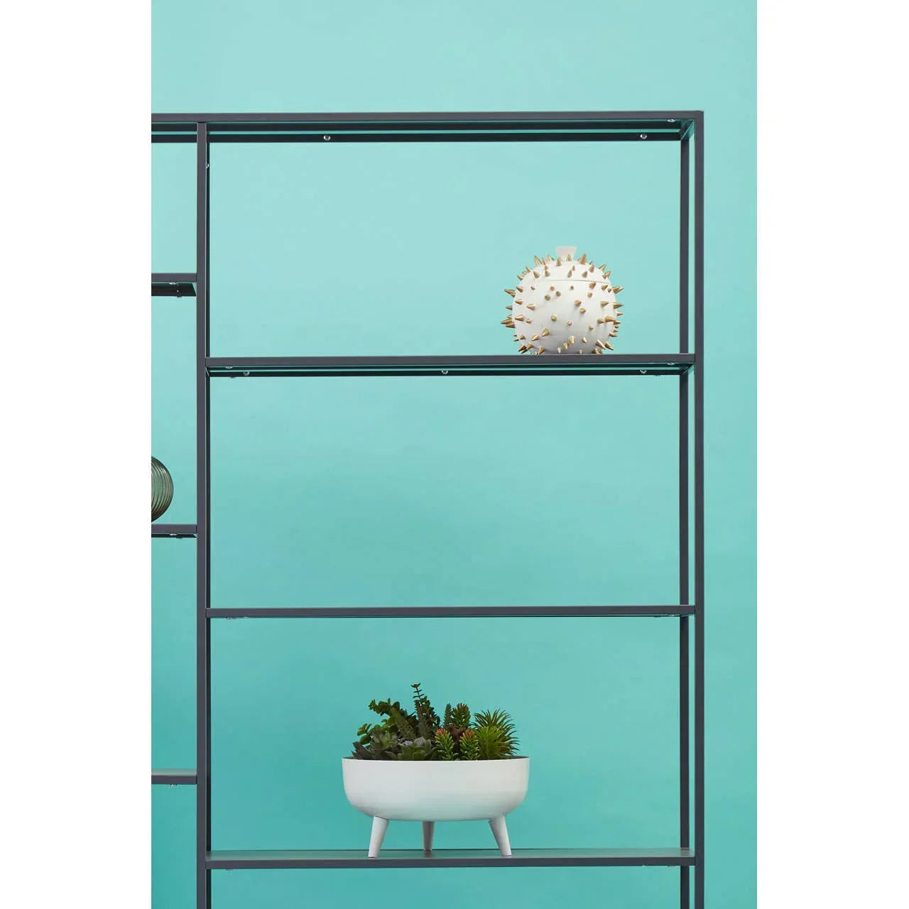 black metal shelving unit with decorative white spiked vase and planter with succulents