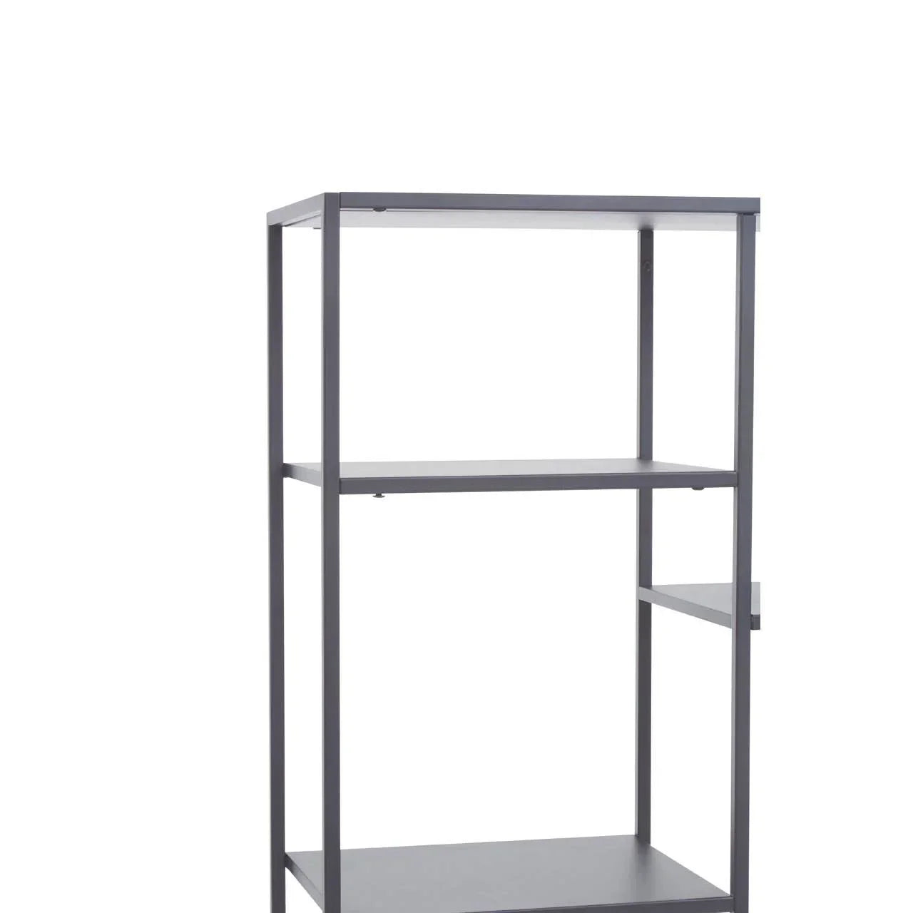 Modern grey metal shelving unit with open square frame and three shelves