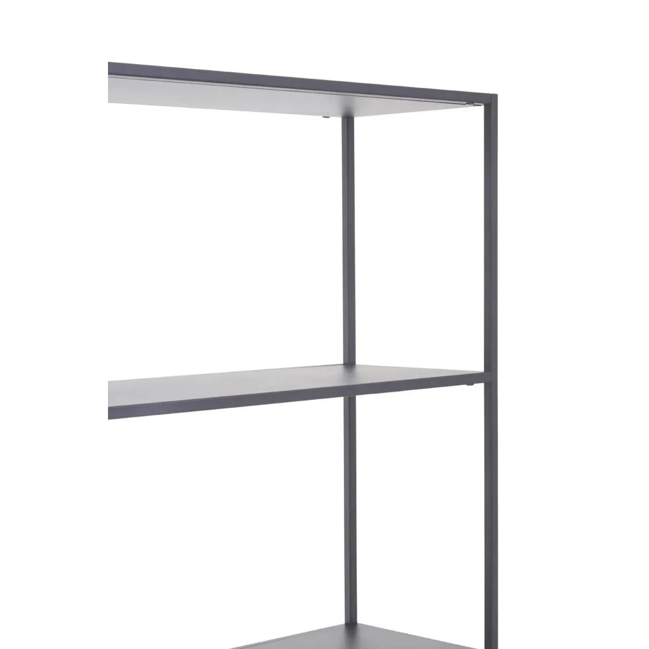Close view of metal frame shelving unit with two grey shelves and minimalist design