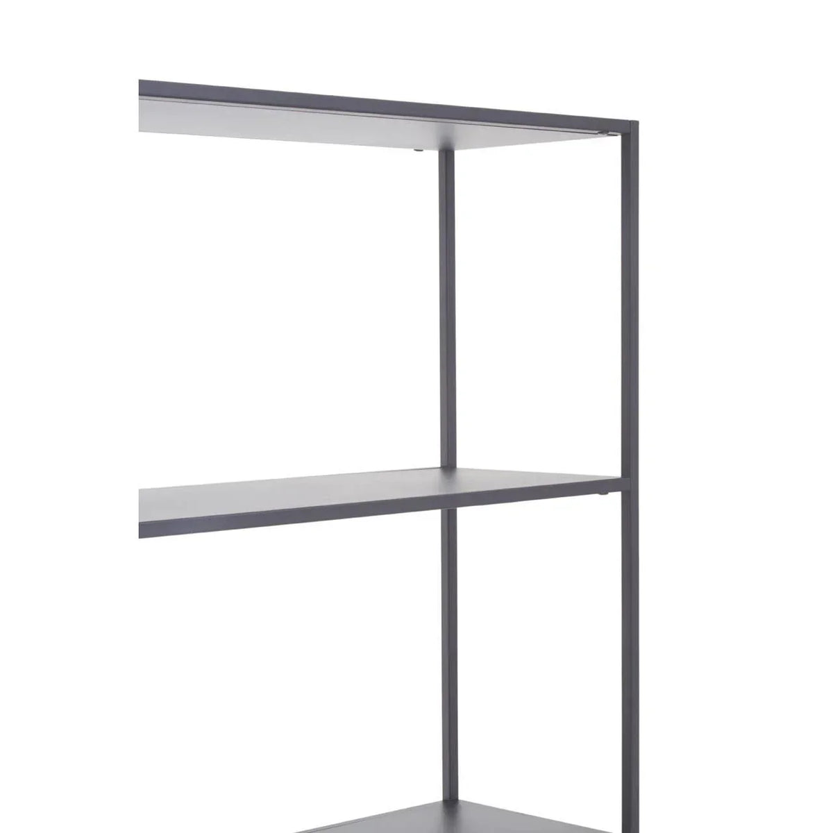 Close view of metal frame shelving unit with two grey shelves and minimalist design