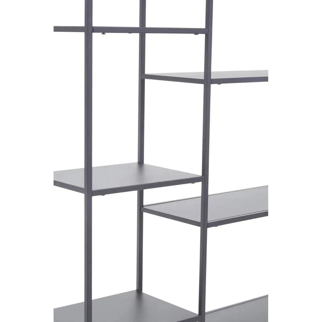 Close view of black metal shelving unit with staggered open shelves