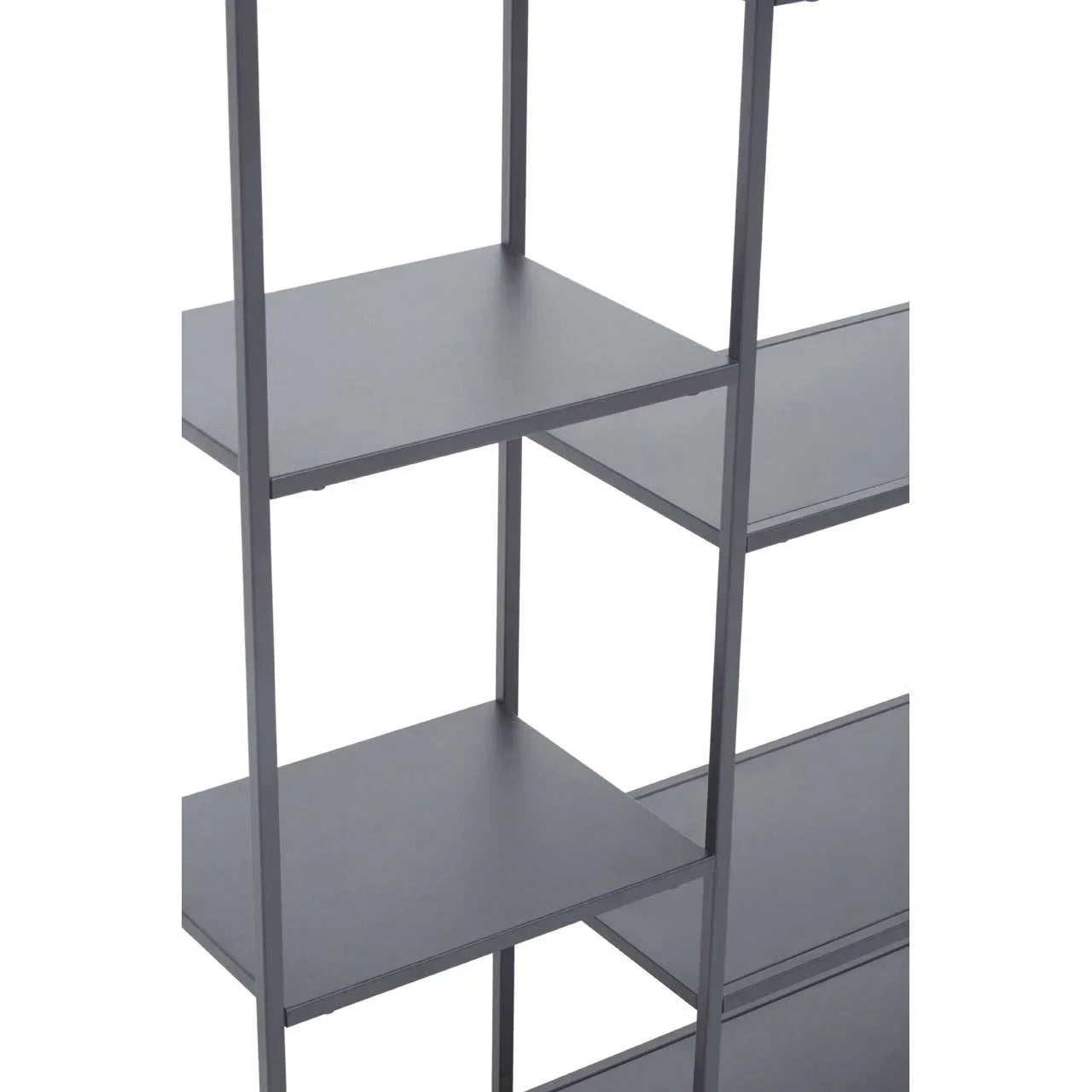 Black metal shelving unit with open square shelves, close-up angle