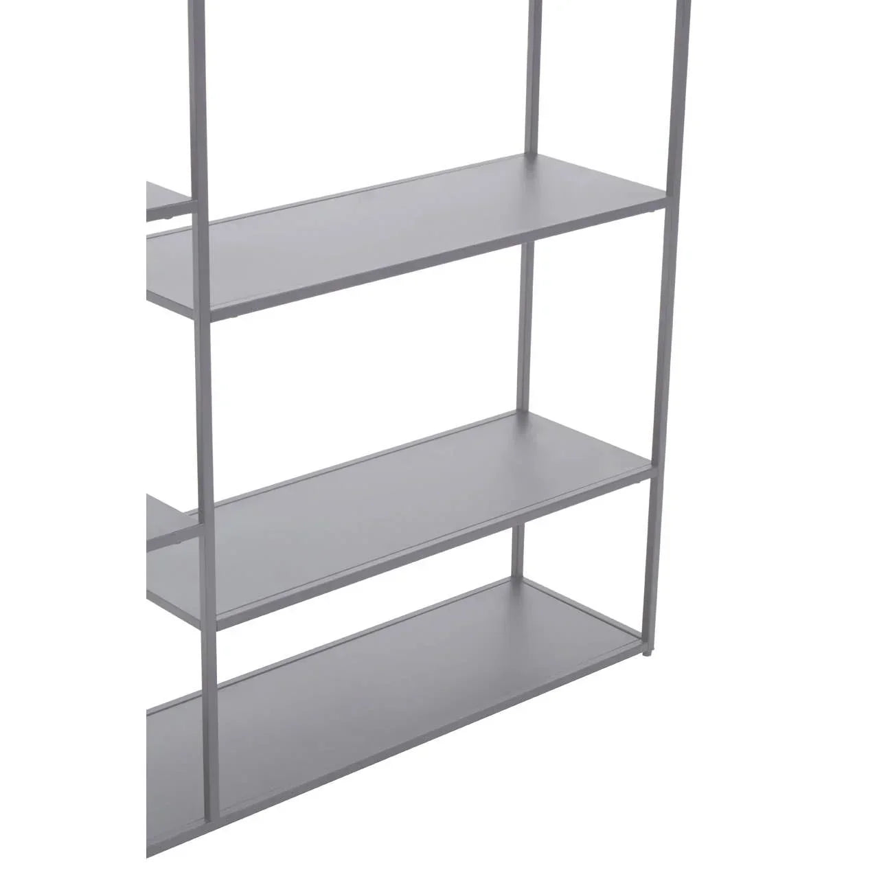 Grey metal shelving unit with three wide shelves, shown from a side angle