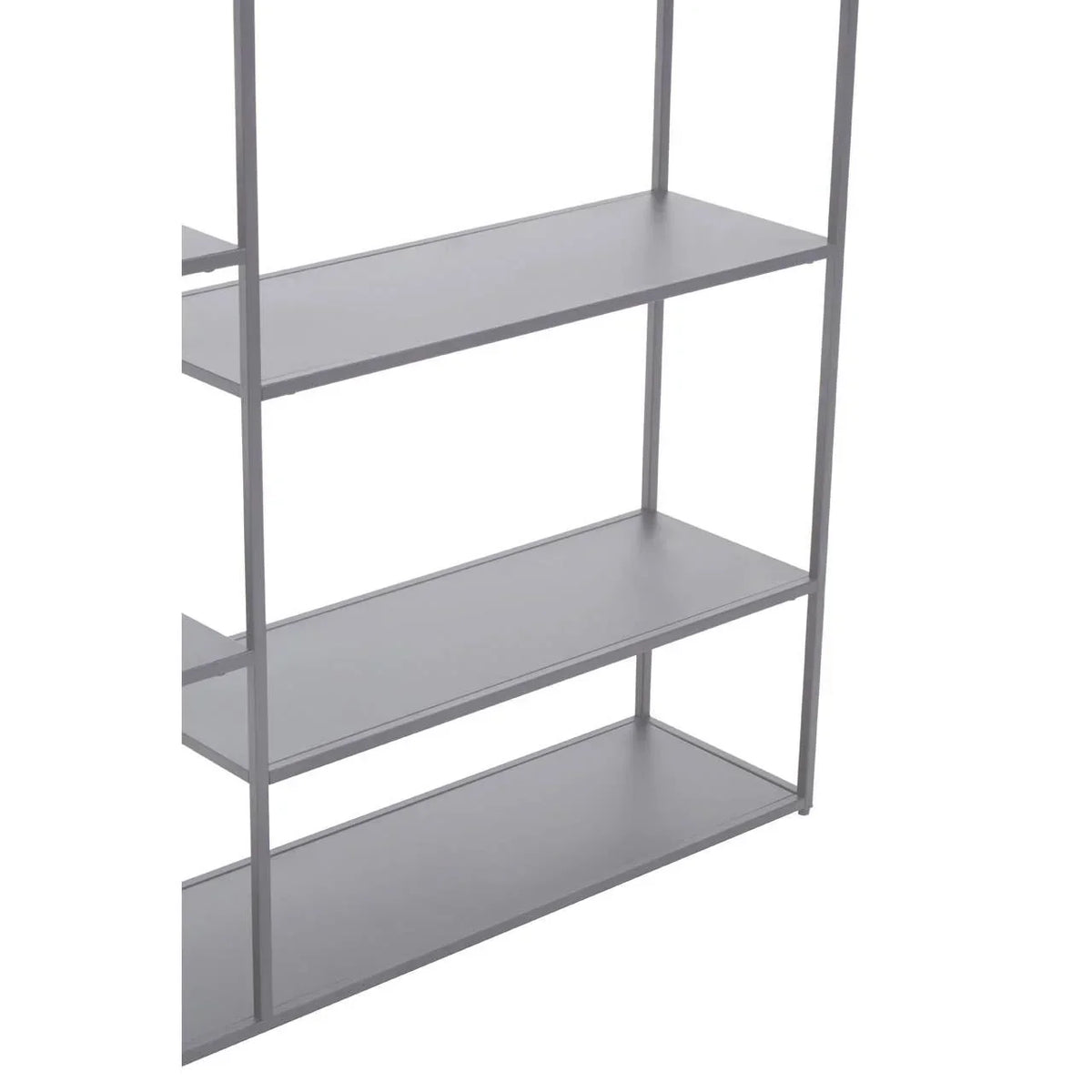 Grey metal shelving unit with three wide shelves, shown from a side angle