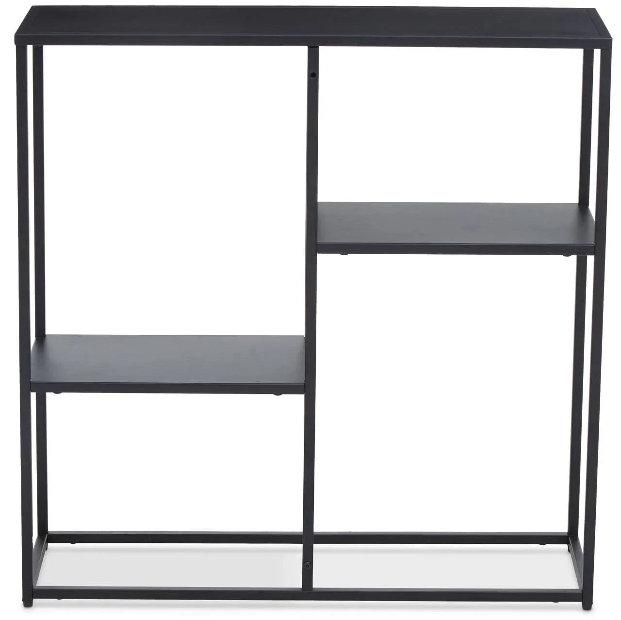 Black metal console table with open shelves and minimalist frame design