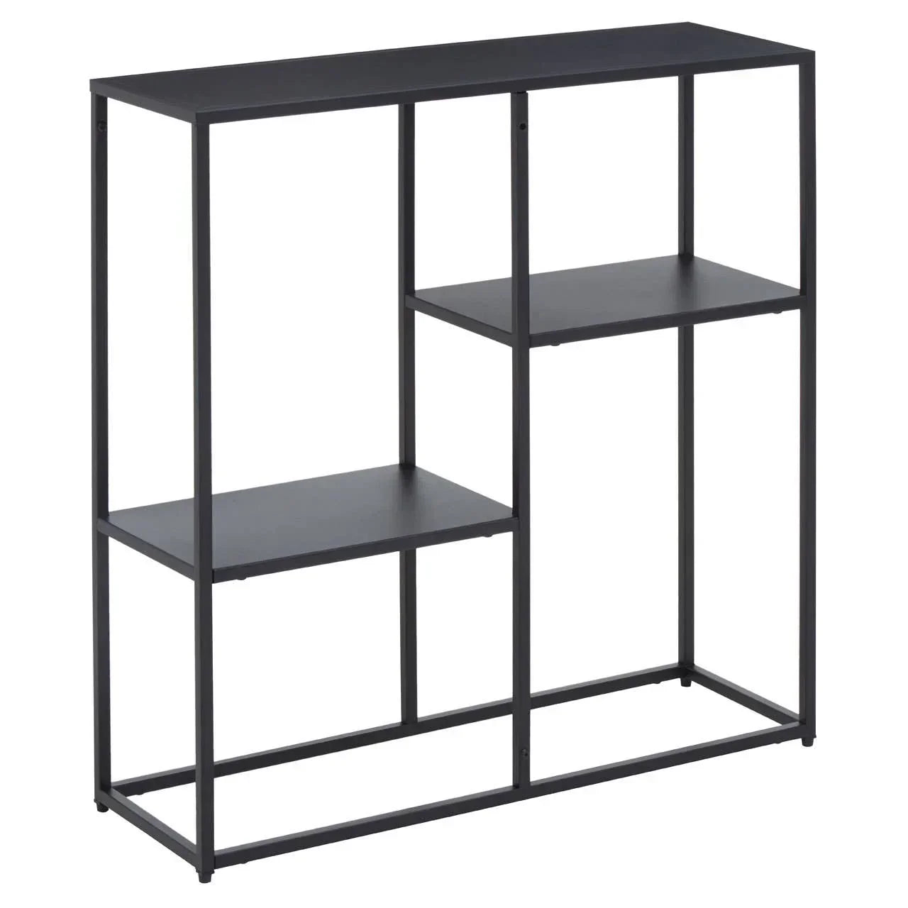 Black metal console table with open frame and three-tier shelving, front view
